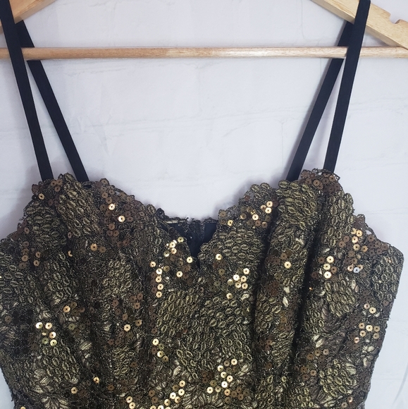 Vtg Bronze Metallic Brocade Sequins Cocktail Dress - Picture 2 of 13